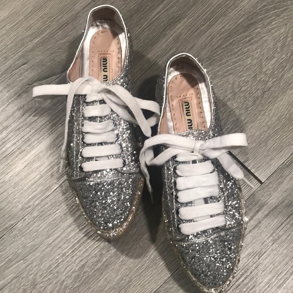 Miu Miu Silver Glitter Metallic Espadrille Sneakers      size 6 - Picture 2 of 10